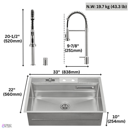 FORNO ACQUA 33 in. Drop-In/Undermount 3-Level Workstation Sink with Faucet, Waterfall & Glass Rinser