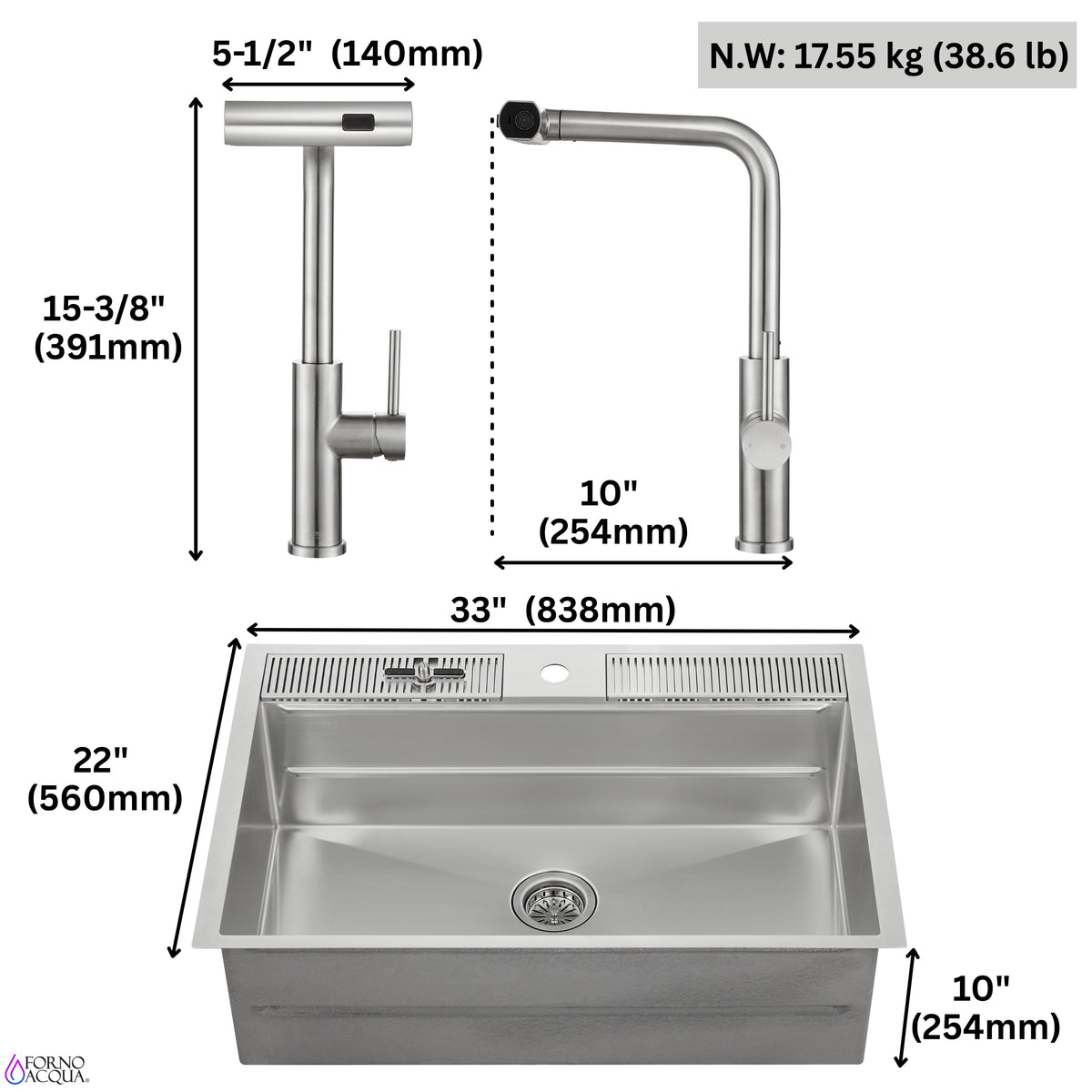 FORNO ACQUA 33 in. Drop-In/Undermount 3-Level Workstation Sink with Waterfall Faucet & Glass Rinser