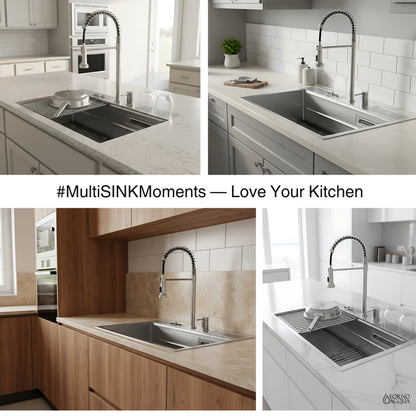 FORNO ACQUA 33 in. Drop-In/Undermount 3-Level Workstation Sink with Faucet, Waterfall & Glass Rinser
