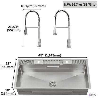 FORNO ACQUA 45 in. Drop-In/Undermount 3-Level Workstation Sink with Two Faucets & Glass Rinser