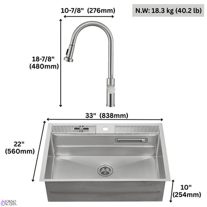 FORNO ACQUA 33 in. Drop-In/Undermount 3-Level Workstation with Retractable Faucet & Glass Rinser