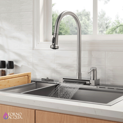 FORNO ACQUA Stainless Steel 4 Function Waterfall  Pull-Down Kitchen Faucet Brushed Nickel