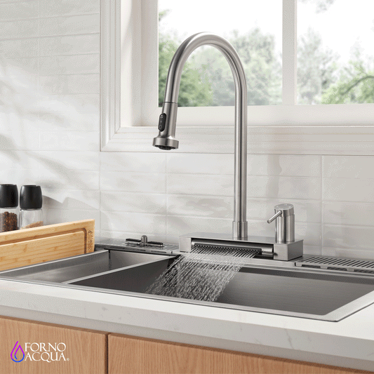 FORNO ACQUA Stainless Steel 4 Function Waterfall  Pull-Down Kitchen Faucet Brushed Nickel