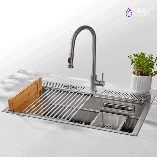 FORNO ACQUA 33 in. Drop-In/Undermount 3-Level Workstation Sink with Faucet, Waterfall & Glass Rinser