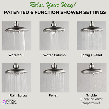 FORNO ACQUA 8in. 6-Function Rain Shower, 5-Function Handheld & 3 Directional Body Jet Shower System with Sliding Bar. Brushed Nickel 2.5 GPM
