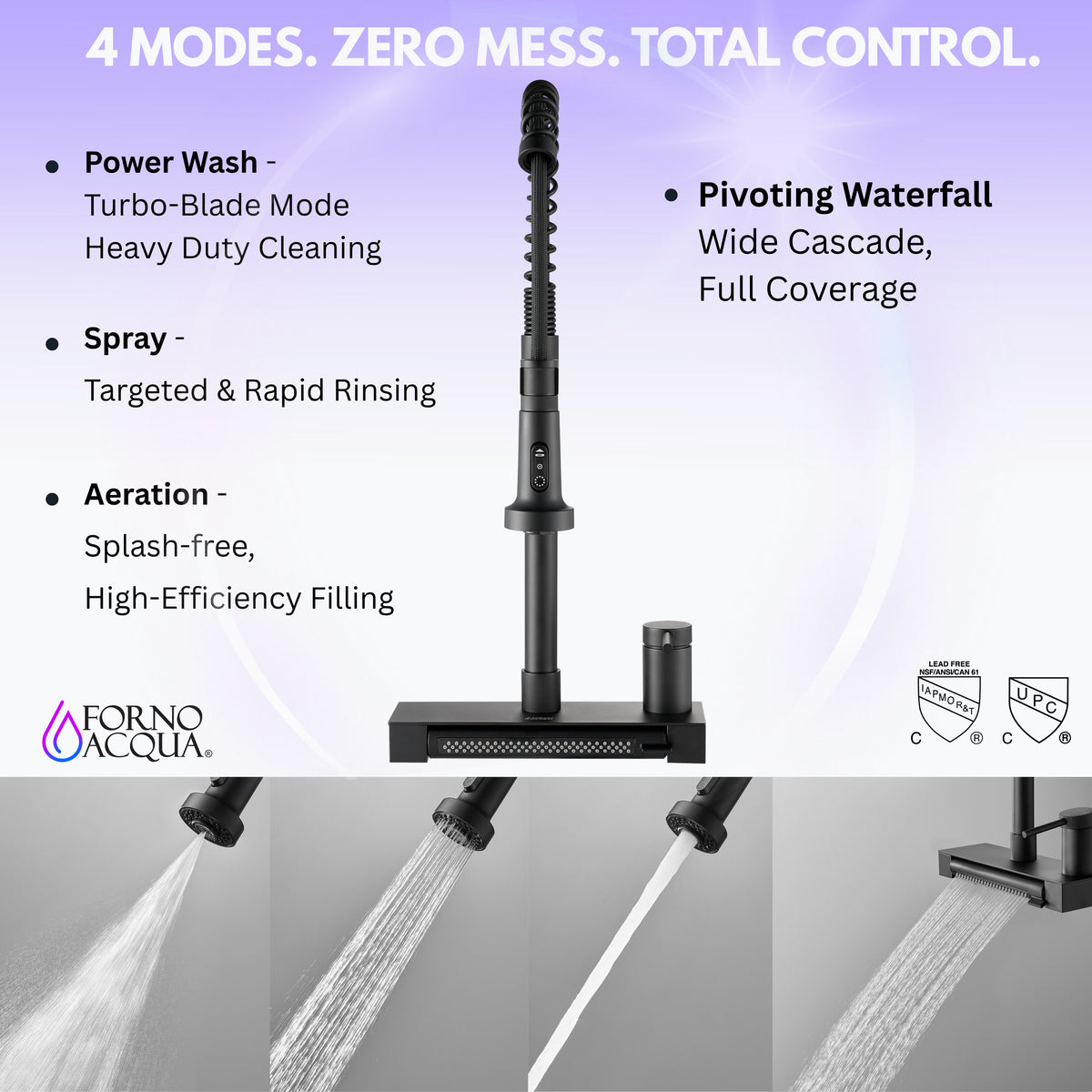 FORNO ACQUA  Black 4 function pull-Down Waterfall Kitchen Faucet