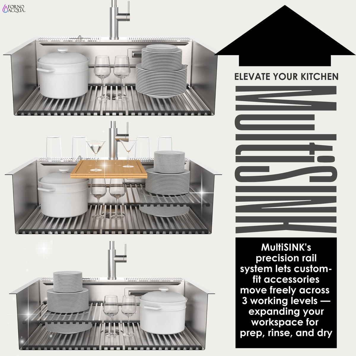 FORNO ACQUA 33 in. Drop-In/Undermount 3-Level Workstation with Retractable Faucet & Glass Rinser
