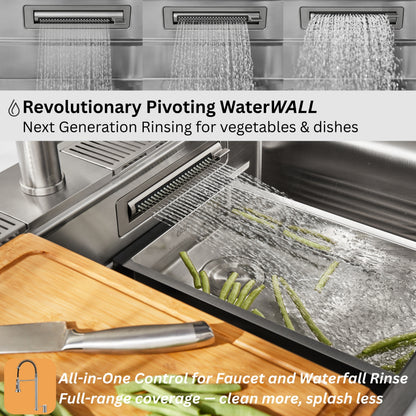 FORNO ACQUA 33 in. Drop-In/Undermount 3-Level Workstation Sink with Faucet, Waterfall & Glass Rinser