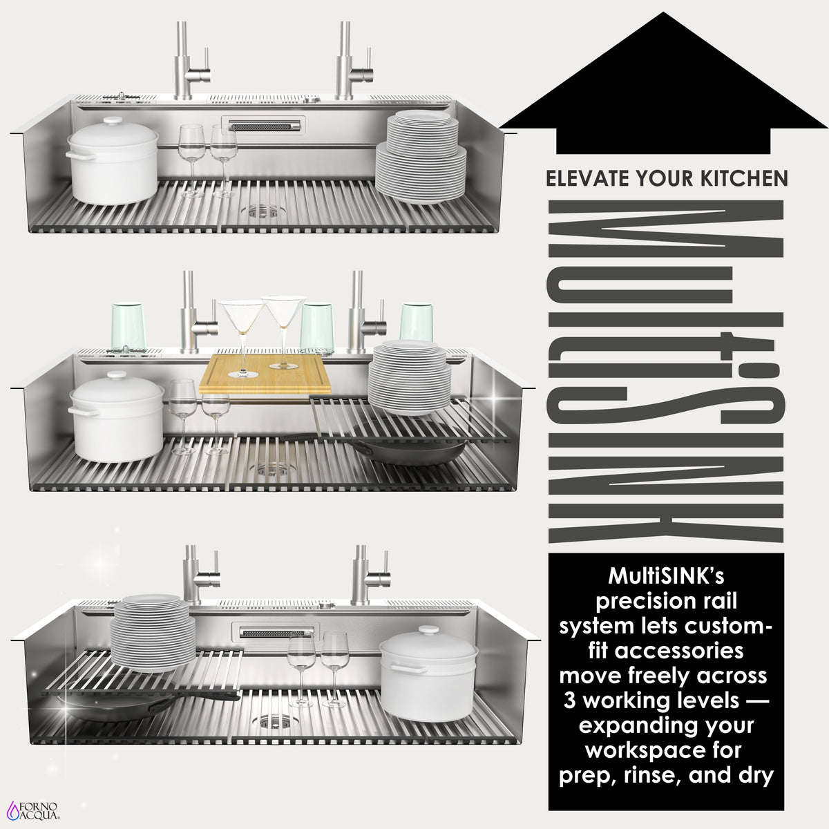 FORNO ACQUA 45 in. Drop-In/Undermount 3-Level Workstation Sink with Two Faucets & Glass Rinser