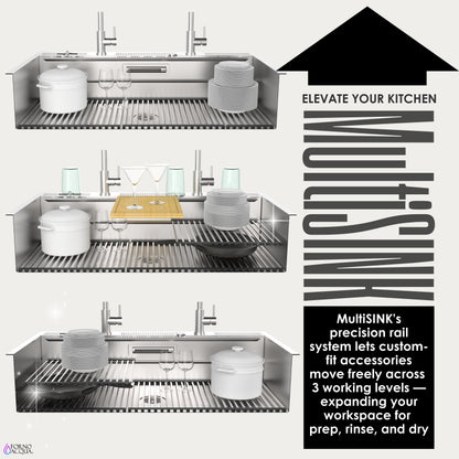 FORNO ACQUA 45 in. Drop-In/Undermount 3-Level Workstation Sink with Two Faucets & Glass Rinser