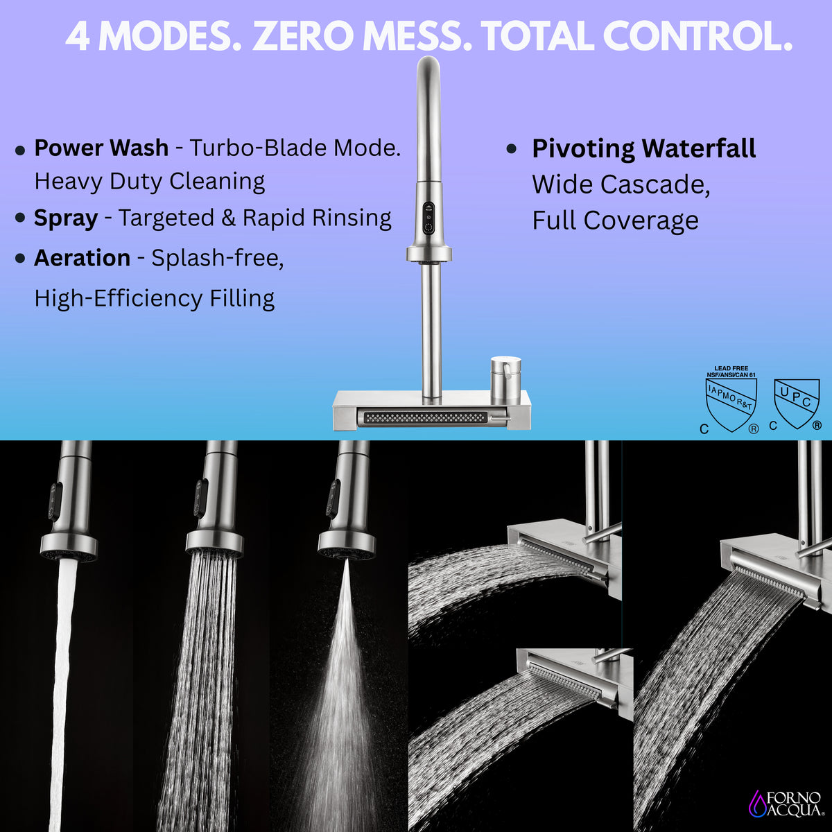 FORNO ACQUA Stainless Steel 4 Function Waterfall  Pull-Down Kitchen Faucet Brushed Nickel