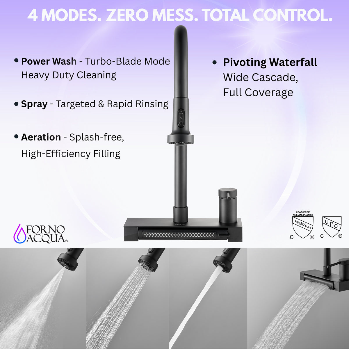 FORNO ACQUA Black 4 Function Waterfall  Pull-Down Kitchen Faucet