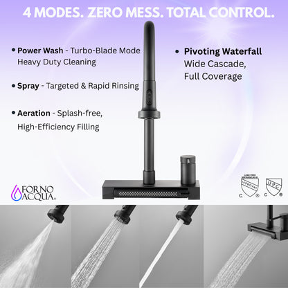 FORNO ACQUA Black 4 Function Waterfall  Pull-Down Kitchen Faucet