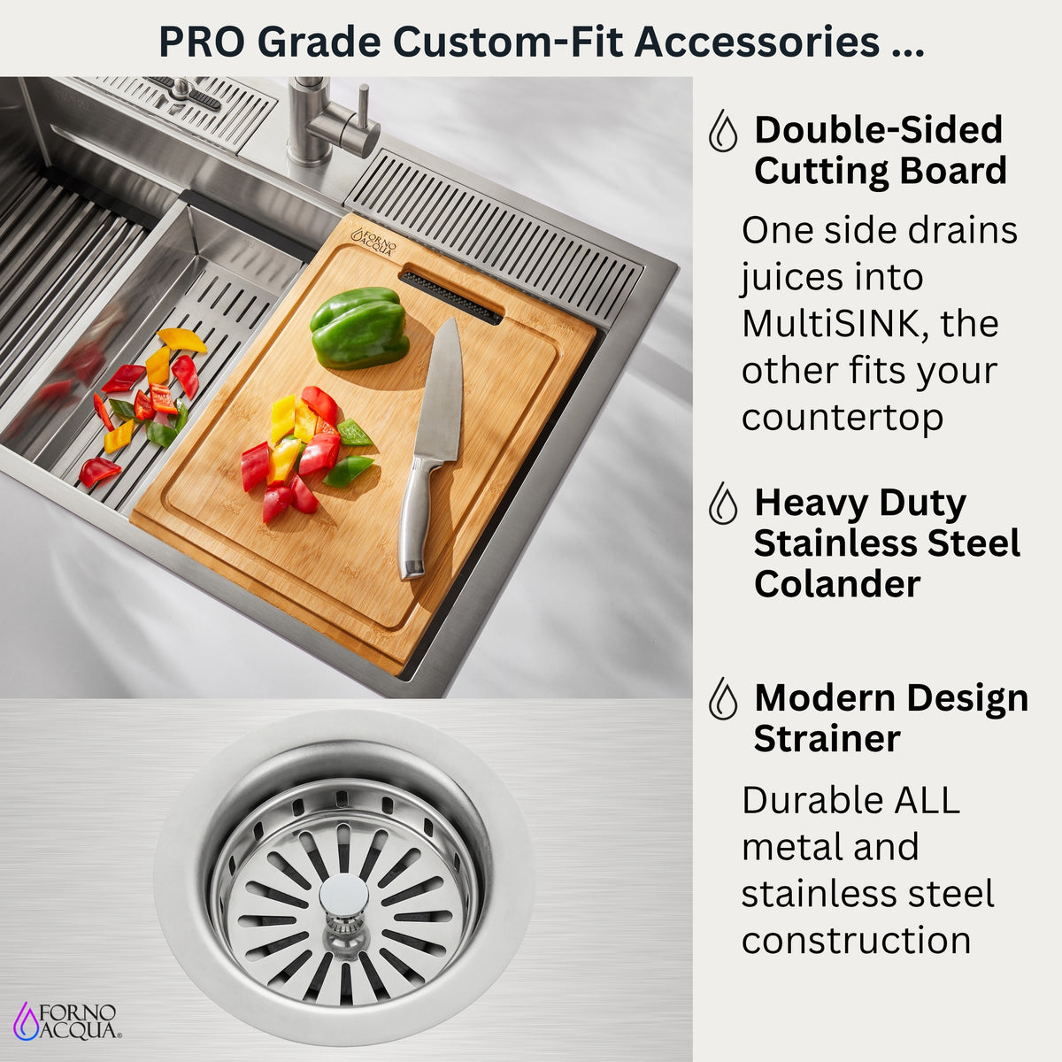 FORNO ACQUA 33 in. Drop-In/Undermount 3-Level Workstation Sink with Waterfall Faucet & Glass Rinser