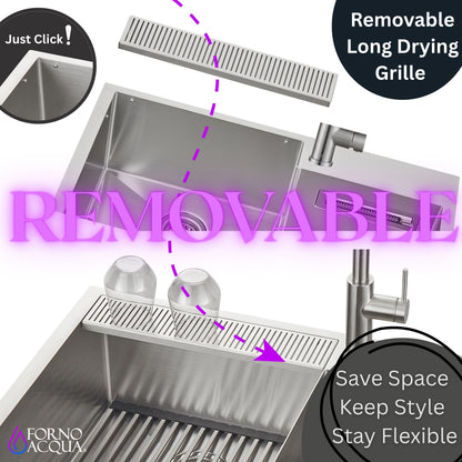 FORNO ACQUA 33 in. Drop-In/Undermount 40/60 Double Bowl Sink with Retractable Faucet & Waterfall