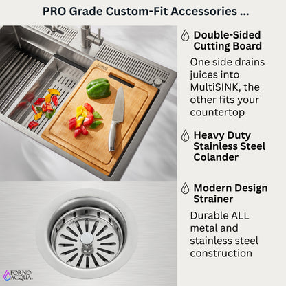 FORNO ACQUA 33 in. Drop-In/Undermount 3-Level Workstation Sink with Faucet, Waterfall & Glass Rinser