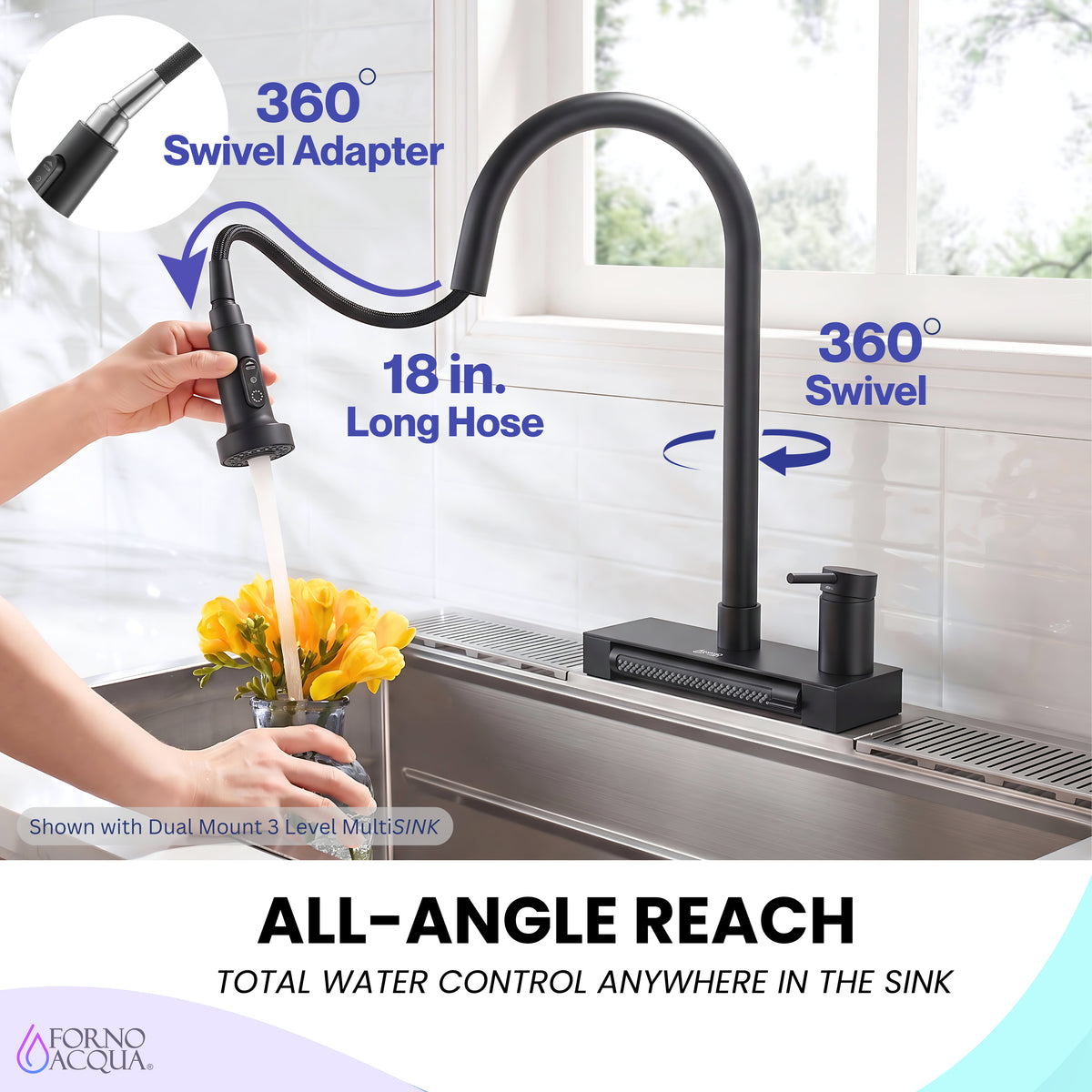 FORNO ACQUA Black 4 Function Waterfall  Pull-Down Kitchen Faucet