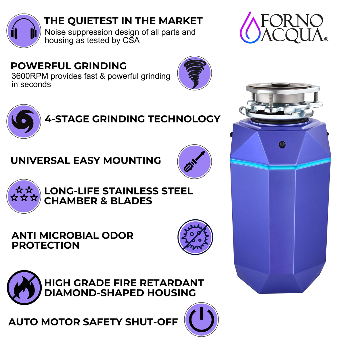 FORNO ACQUA BrightDIAMOND Amethyst 3/4HP Super Quiet Garbage Disposal Corded with Motion Sensor Cabinet Light & Pre-Wired Air Switch