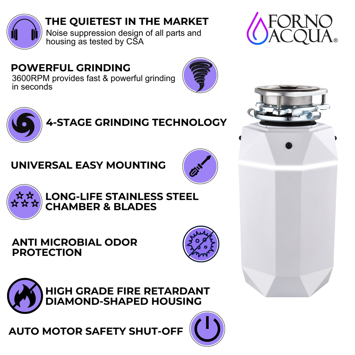 FORNO ACQUA BrightDIAMOND Moonstone 1HP Super Quiet Garbage Disposal Corded with Motion Sensor Cabinet Light & Pre-Wired Air Switch