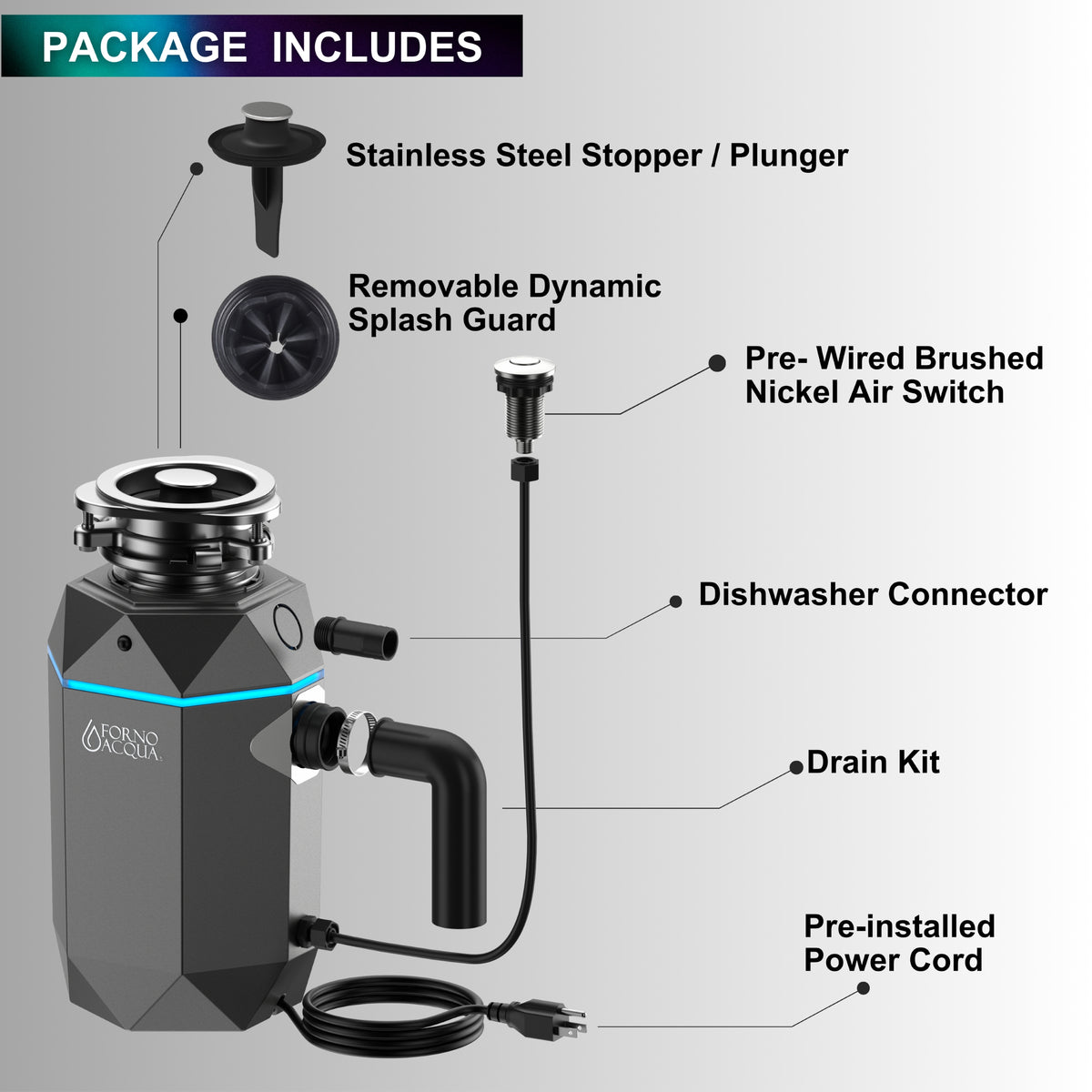 FORNO ACQUA BrightDIAMOND Black Onyx 3/4HP Super Quiet Garbage Disposal Corded with Motion Sensor Cabinet Light & Pre-Wired Air Switch