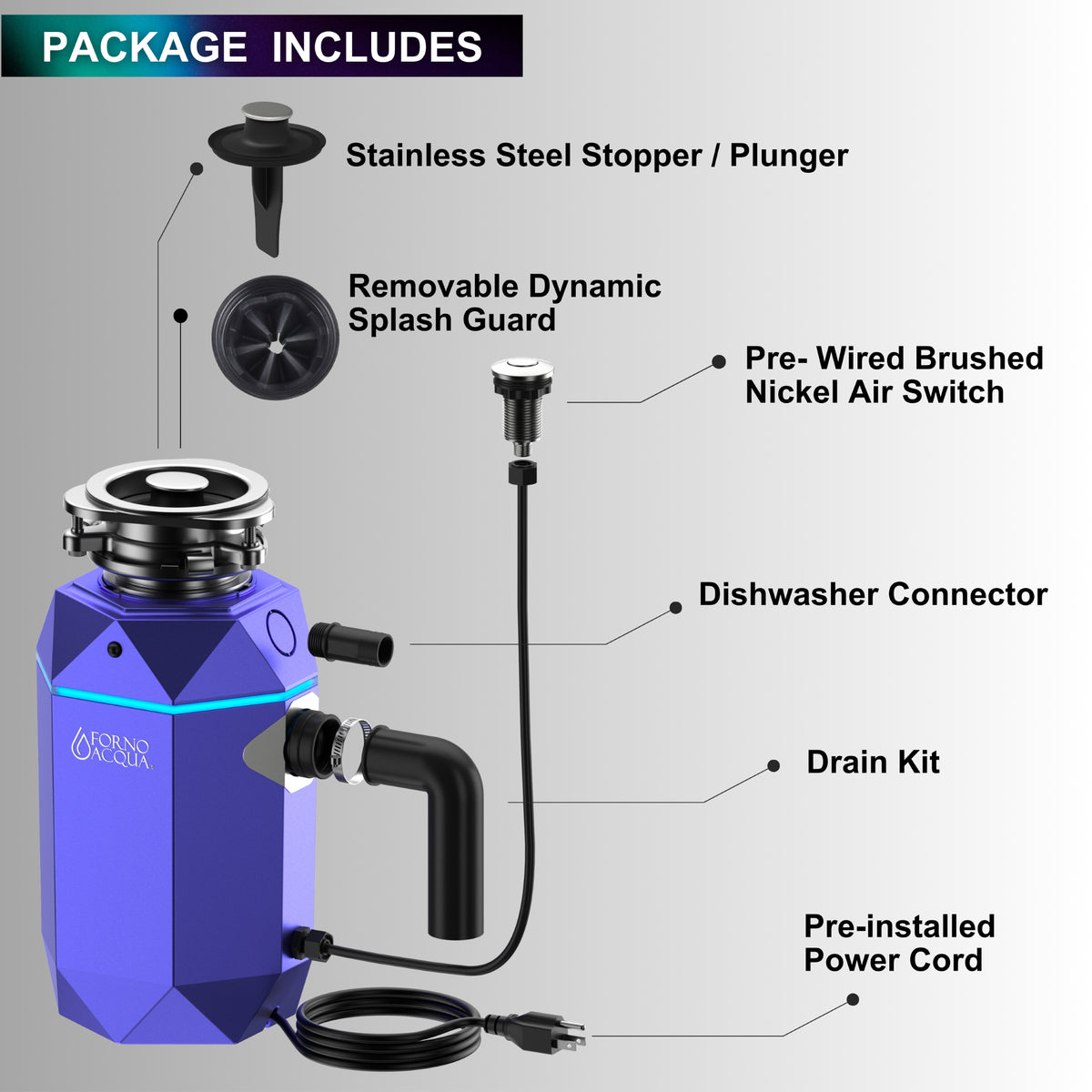 FORNO ACQUA BrightDIAMOND Amethyst 1HP Super Quiet Garbage Disposal Corded with Motion Sensor Cabinet Light & Pre-Wired Air Switch