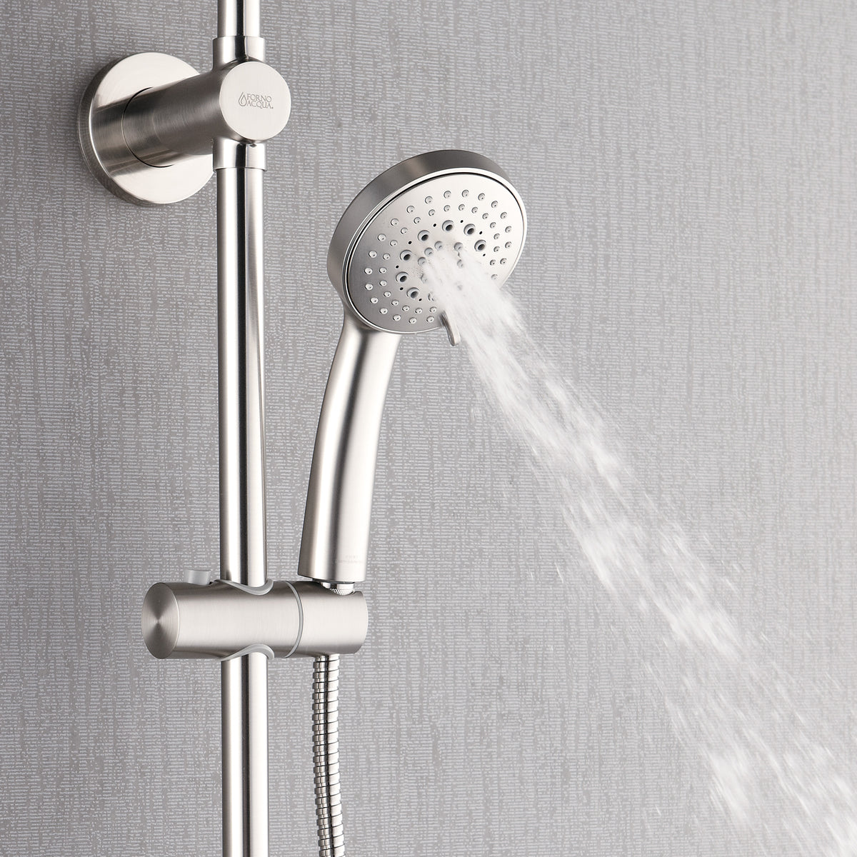 FORNO ACQUA 9 in. Rain Shower, 5-Function Handheld & 3 Directional Body Jet Shower System with Sliding Bar. Brushed Nickel 1.8 GPM