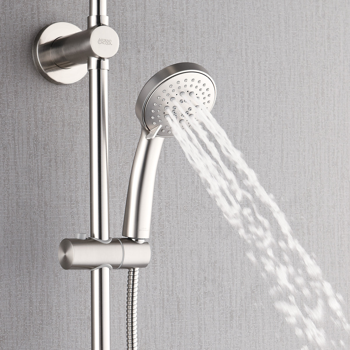 FORNO ACQUA 9 in. Rain Shower, 5-Function Handheld & 3 Directional Body Jet Shower System with Sliding Bar. Brushed Nickel 2.5 GPM