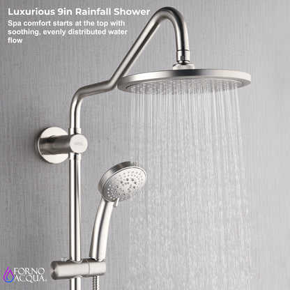 FORNO ACQUA 9 in. Rain Shower, 5-Function Handheld & 3 Directional Body Jet Shower System with Sliding Bar. Brushed Nickel 2.5 GPM