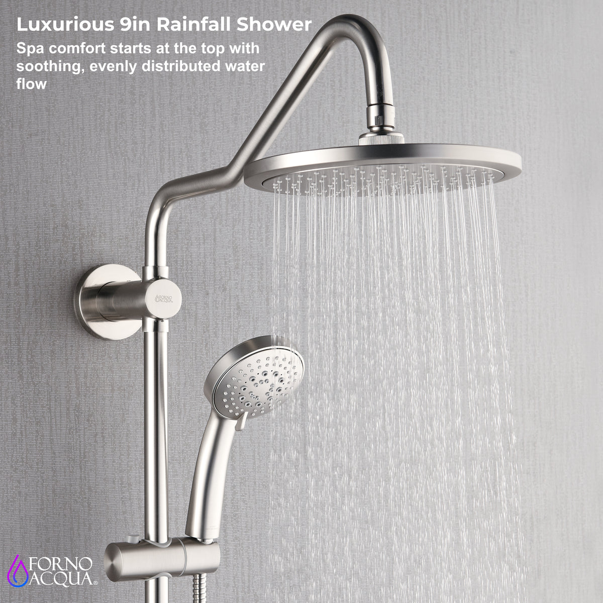 FORNO ACQUA 9 in. Rain Shower, 5-Function Handheld & 3 Directional Body Jet Shower System with Sliding Bar. Brushed Nickel 1.8 GPM