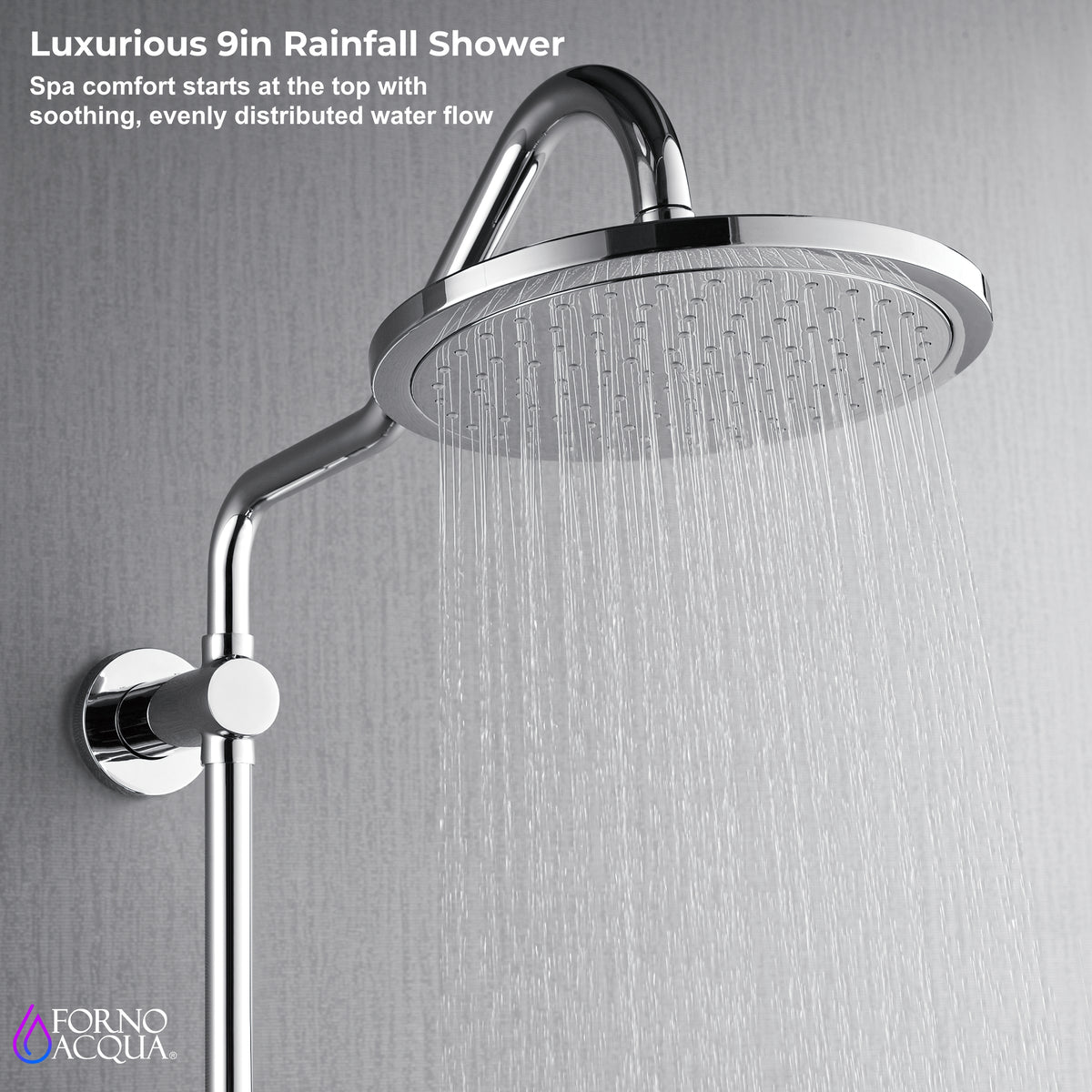 FORNO ACQUA 9 in. Rain Shower, 5-Function Handheld & 3 Directional Body Jet Shower System with Sliding Bar. Polished Chrome 1.8 GPM
