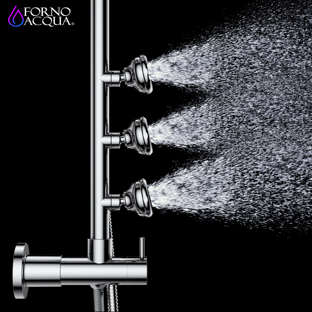 FORNO ACQUA 8in. 6-Function Rain Shower, 5-Function Handheld & 3 Directional Body Jet Shower System with Sliding Bar. Polished Chrome 1.8 GPM