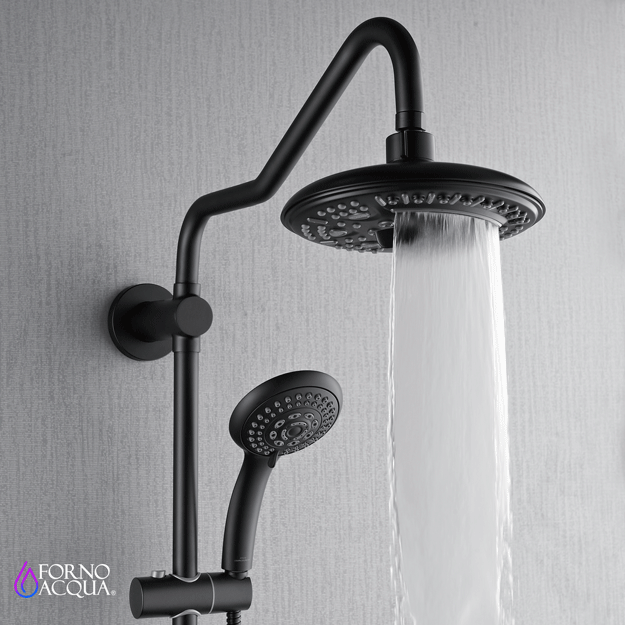 FORNO ACQUA 8in. 6-Function Rain Shower, 5-Function Handheld & 3 Directional Body Jet Shower System with Sliding Bar. Black 2.5 GPM