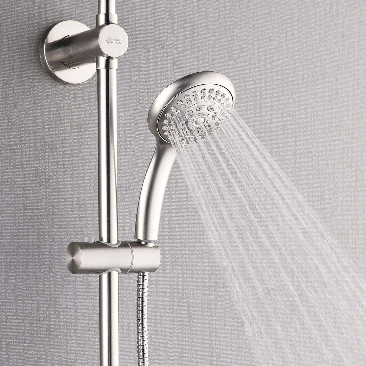 FORNO ACQUA 8in. 6-Function Rain Shower, 5-Function Handheld & 3 Directional Body Jet Shower System with Sliding Bar. Brushed Nickel 1.8 GPM