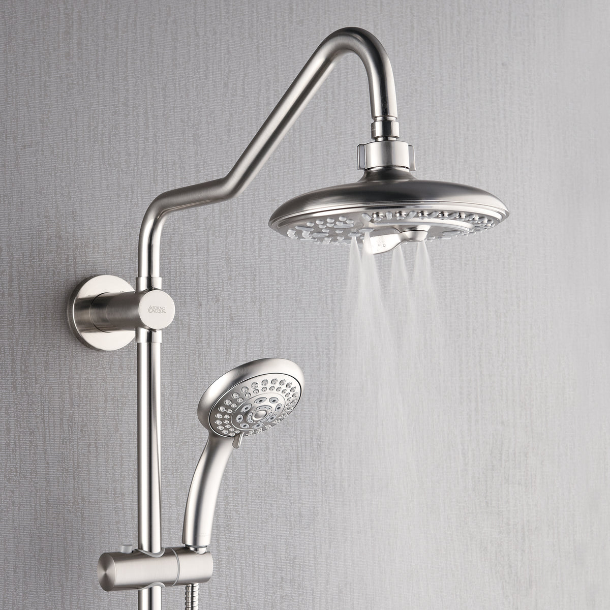 FORNO ACQUA 8in. 6-Function Rain Shower, 5-Function Handheld & 3 Directional Body Jet Shower System with Sliding Bar. Brushed Nickel 1.8 GPM