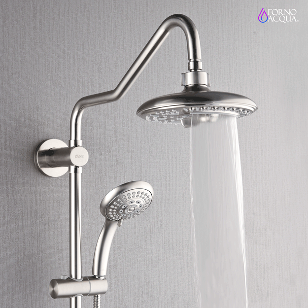 FORNO ACQUA 8in. 6-Function Rain Shower, 5-Function Handheld & 3 Directional Body Jet Shower System with Sliding Bar. Brushed Nickel 1.8 GPM
