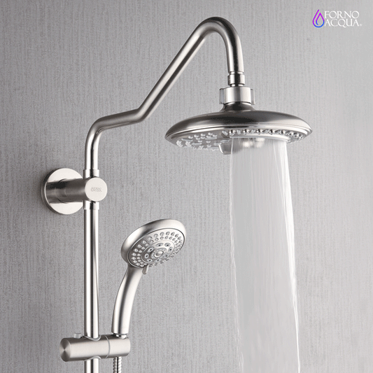 FORNO ACQUA 8in. 6-Function Rain Shower, 5-Function Handheld & 3 Directional Body Jet Shower System with Sliding Bar. Brushed Nickel 1.8 GPM