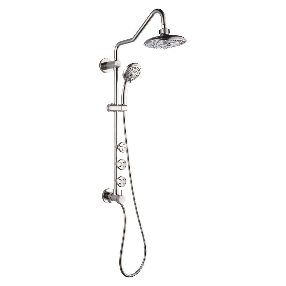 FORNO ACQUA 8in. 6-Function Rain Shower, 5-Function Handheld & 3 Directional Body Jet Shower System with Sliding Bar. Brushed Nickel 1.8 GPM