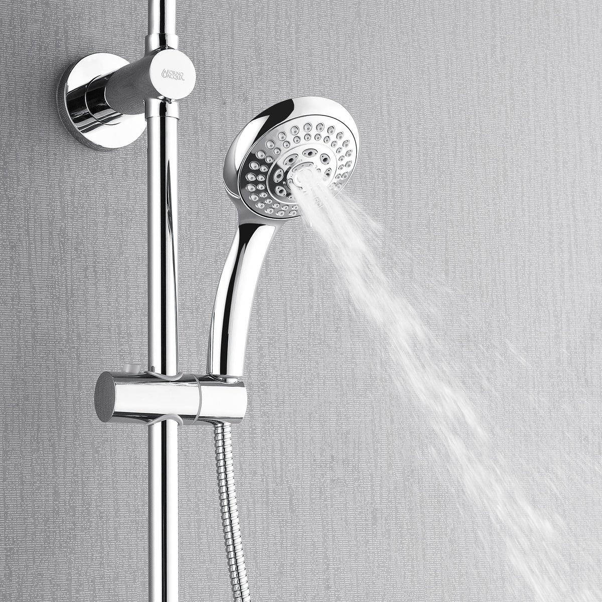 FORNO ACQUA 8in. 6-Function Rain Shower, 5-Function Handheld & 3 Directional Body Jet Shower System with Sliding Bar. Polished Chrome 1.8 GPM