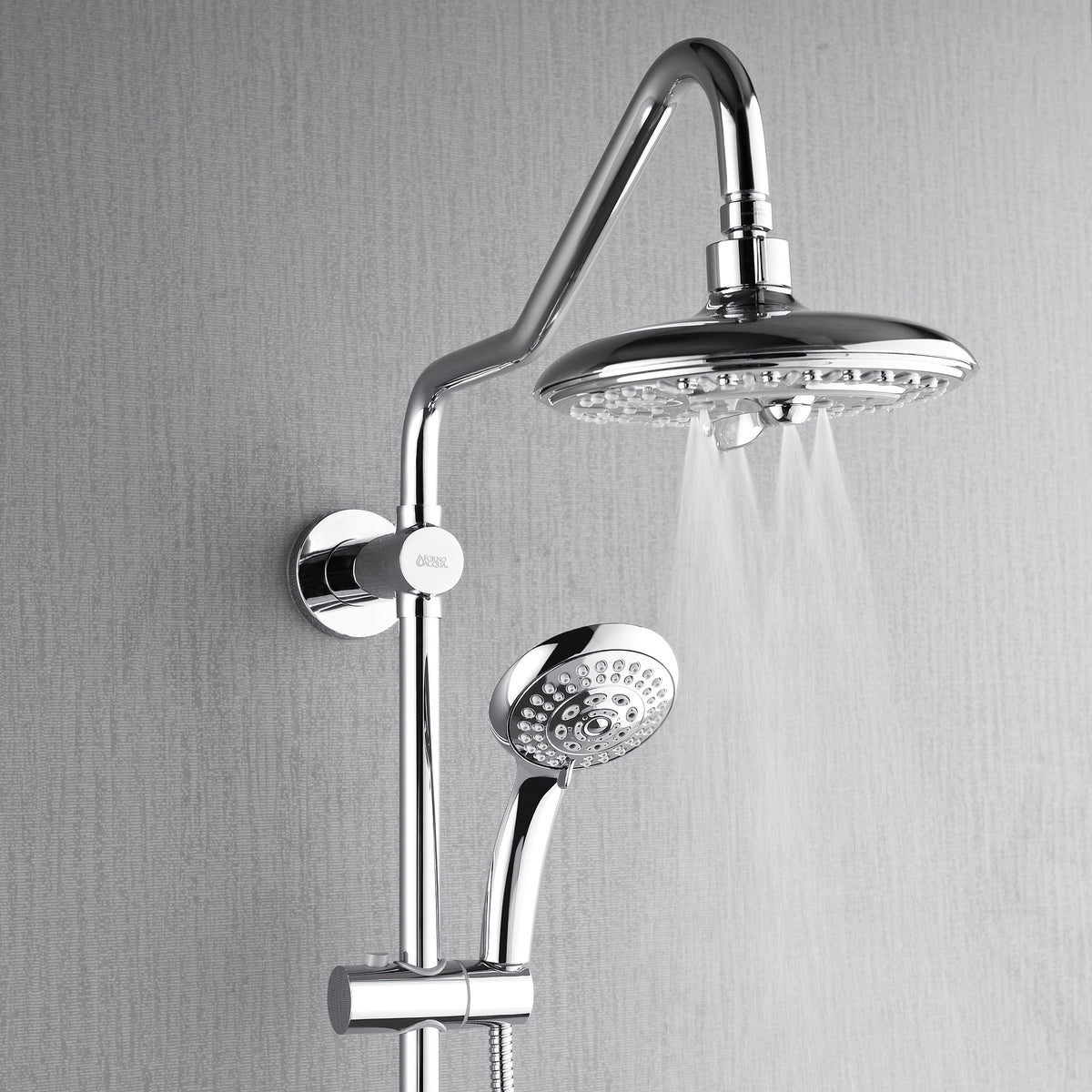 FORNO ACQUA 8in. 6-Function Rain Shower, 5-Function Handheld & 3 Directional Body Jet Shower System with Sliding Bar. Polished Chrome 2.5 GPM