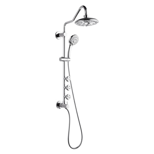 FORNO ACQUA 8in. 6-Function Rain Shower, 5-Function Handheld & 3 Directional Body Jet Shower System with Sliding Bar. Polished Chrome 1.8 GPM