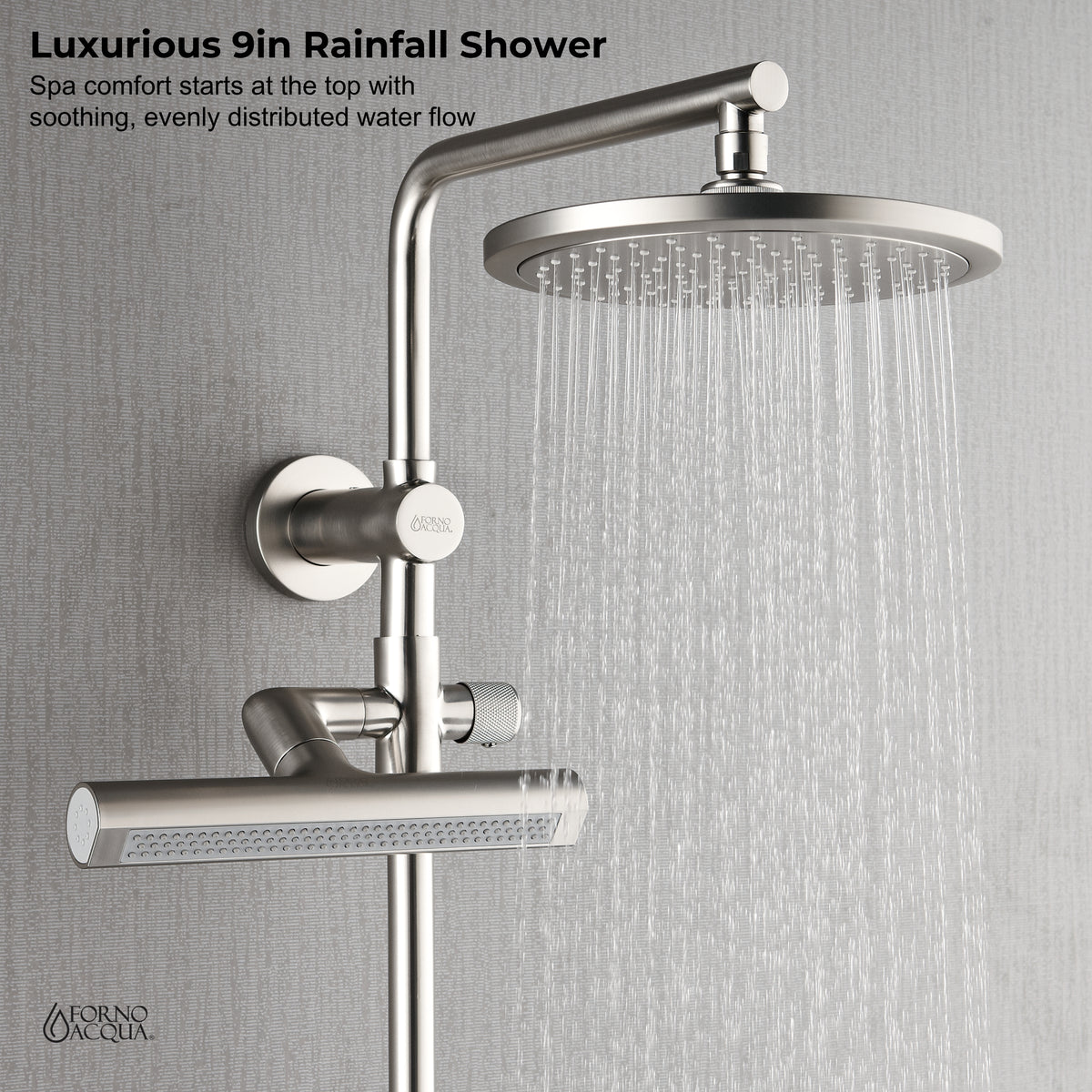 FORNO ACQUA AcquaFALL 9-in Shower Head, 5-Function Handheld & 3-Function Waterfall Body Jet. Brushed Nickel 2.5 GPM