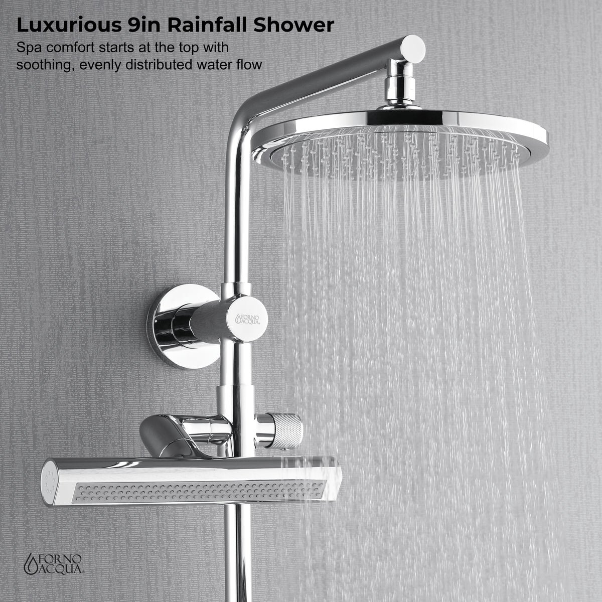 FORNO ACQUA AcquaFALL 9-in Shower Head, 5-Function Handheld & 3-Function Waterfall Body Jet. Polished Chrome, 1.8 GPM