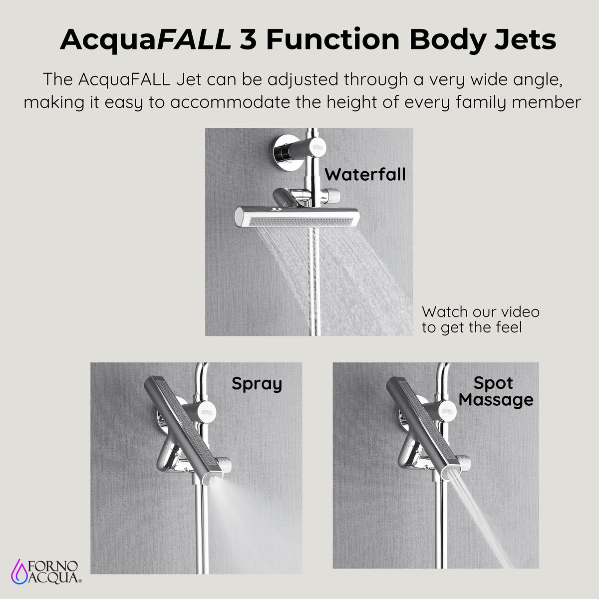 FORNO ACQUA AcquaFALL 6-Function Shower Head, 5-Function Handheld & 3-Function Waterfall Body Jet. Polished Chrome, 2.5 GPM