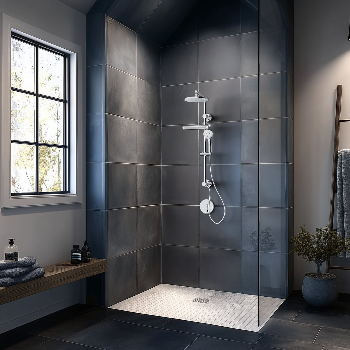 FORNO ACQUA AcquaFALL 9-in Shower Head, 5-Function Handheld & 3-Function Waterfall Body Jet. Polished Chrome, 1.8 GPM