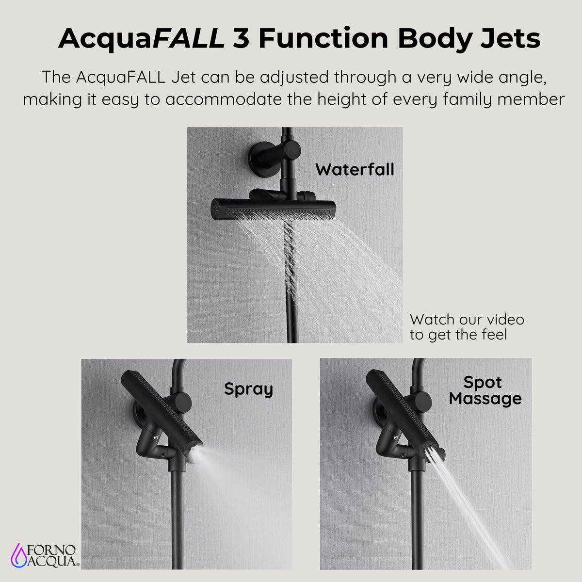FORNO ACQUA AcquaFALL 6-Function Shower Head, 5-Function Handheld & 3-Function Waterfall Body Jet. Black, 1.8 GPM