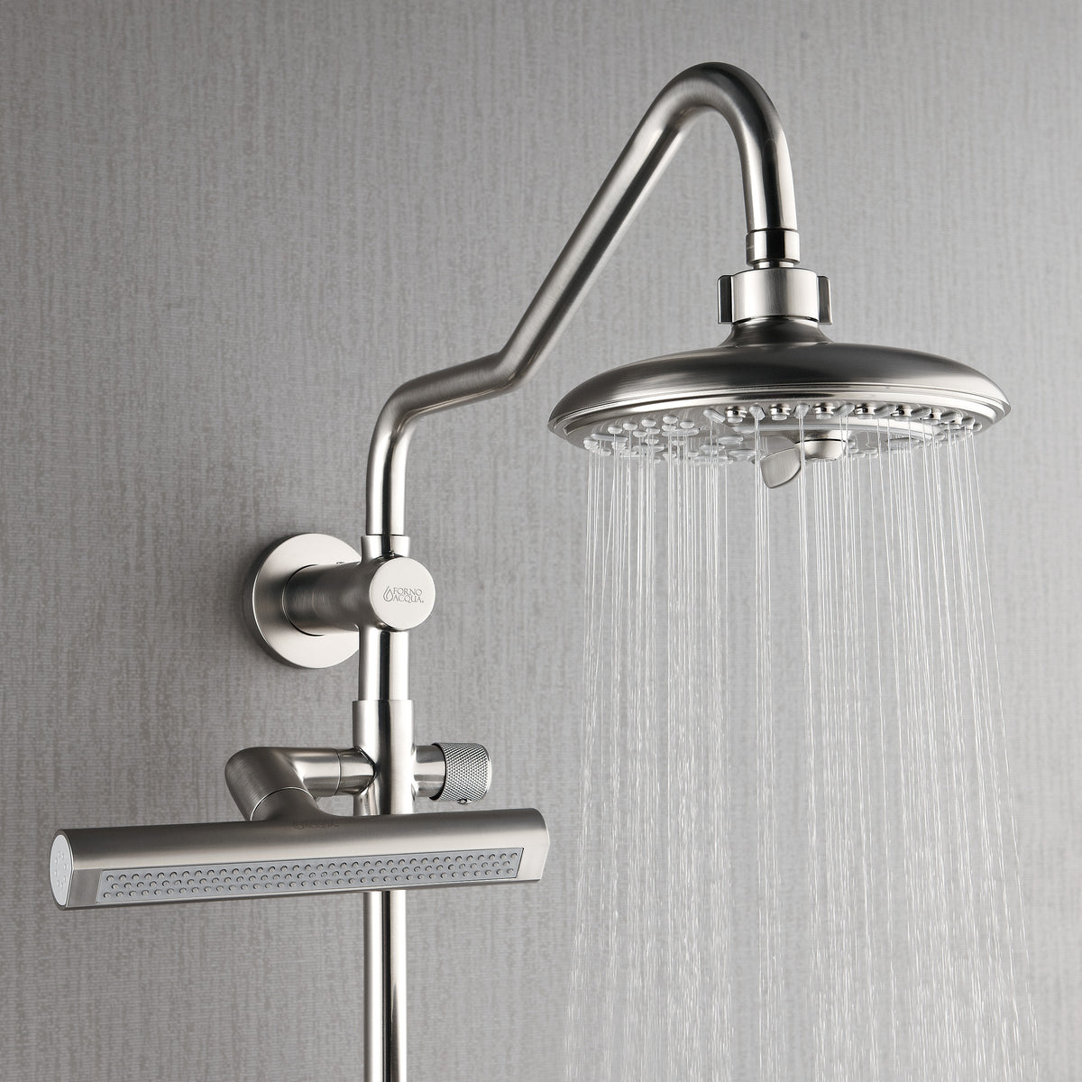 FORNO ACQUA AcquaFALL 6-Function Shower Head, 5-Function Handheld & 3-Function Waterfall Body Jet. Brushed Nickel, 1.8 GPM