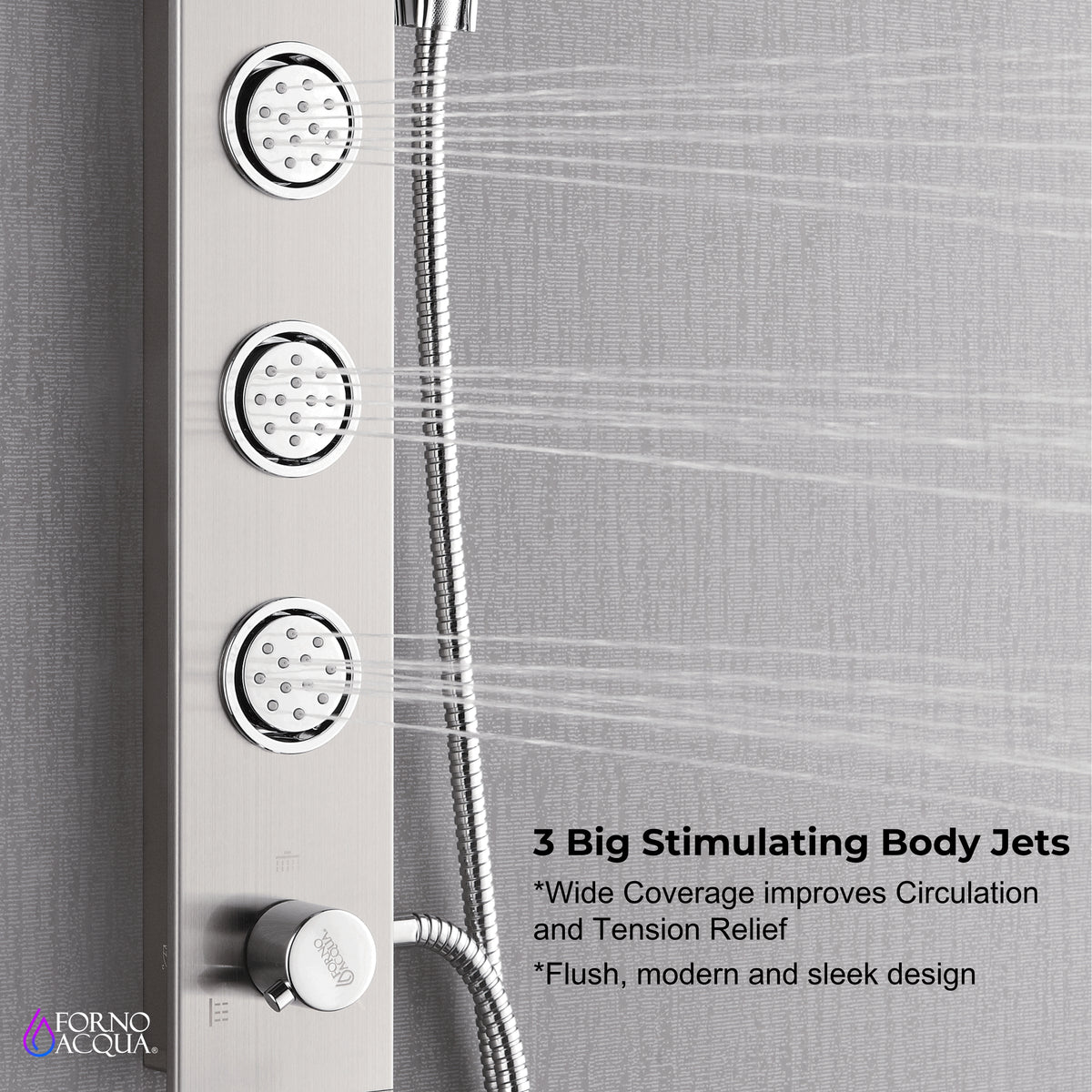 FORNO ACQUA AcquaSPA 9 in. Rain Shower, 5-Function Handheld & 3 Body Jet. Brushed Nickel 2.5 GPM