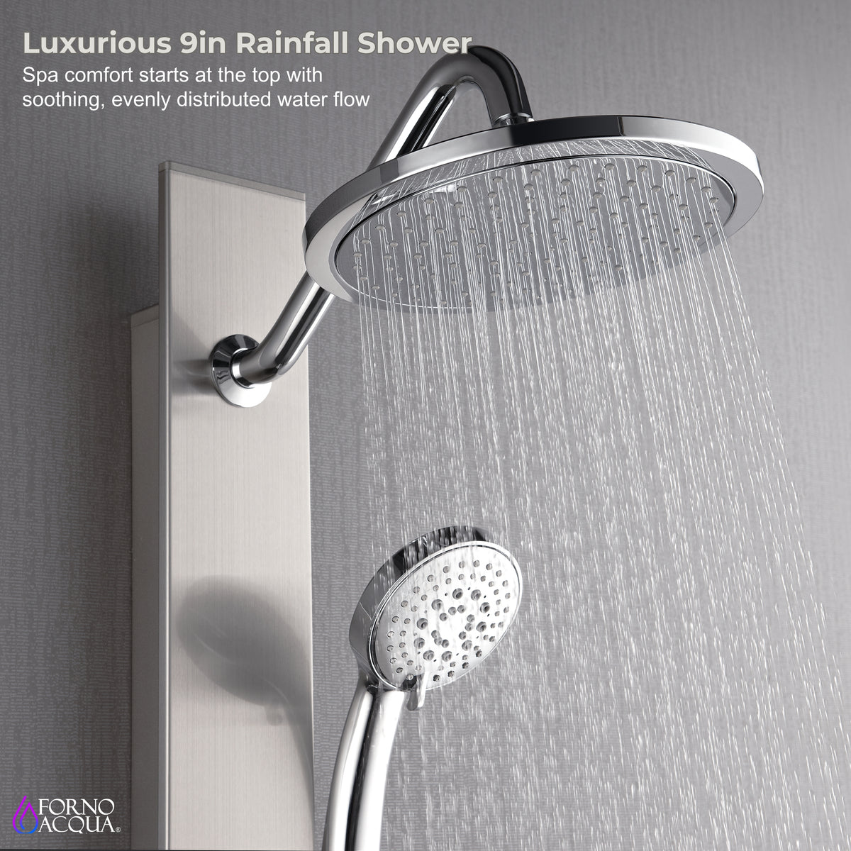 FORNO ACQUA Stainless Steel Shower Panel, 3 SensoTEMP LED Body Jets, 9 in. Rain Shower Head & 5-Function Handheld.  1.8GPM