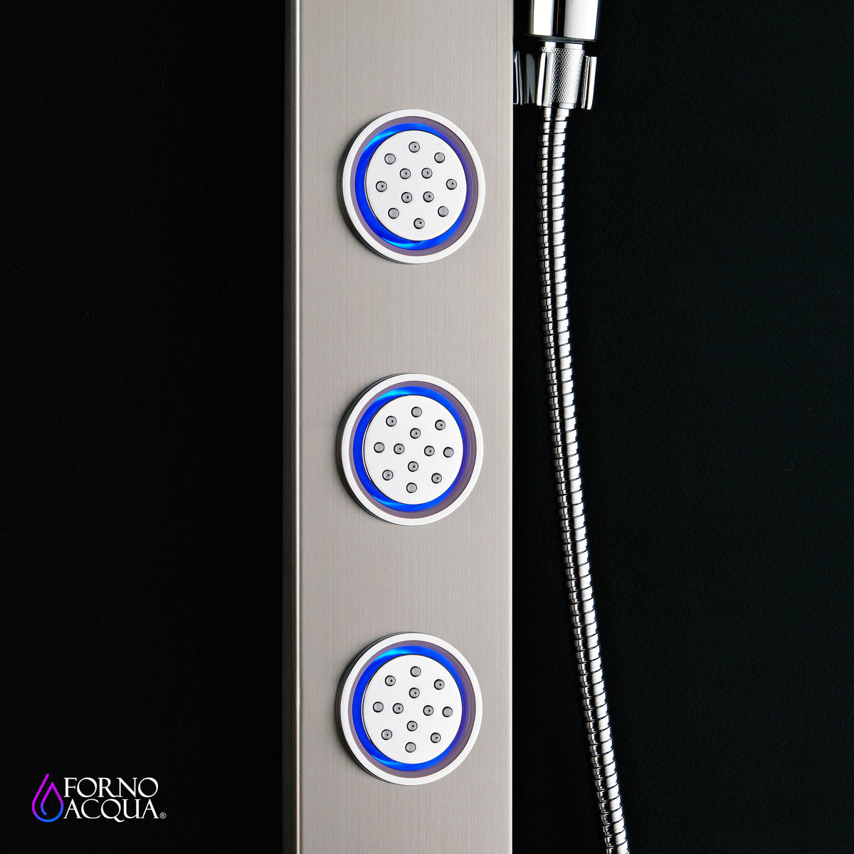 FORNO ACQUA Stainless Steel Shower Panel, 3 SensoTEMP LED Body Jets, 9 in. Rain Shower Head & 5-Function Handheld.  2.5GPM