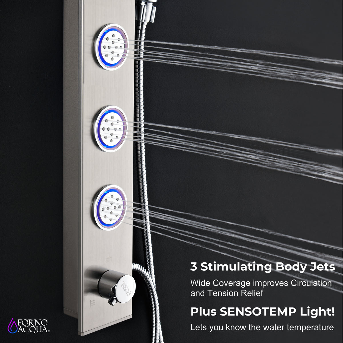 FORNO ACQUA Stainless Steel Shower Panel, 3 SensoTEMP LED Body Jets, 9 in. Rain Shower Head & 5-Function Handheld.  2.5GPM